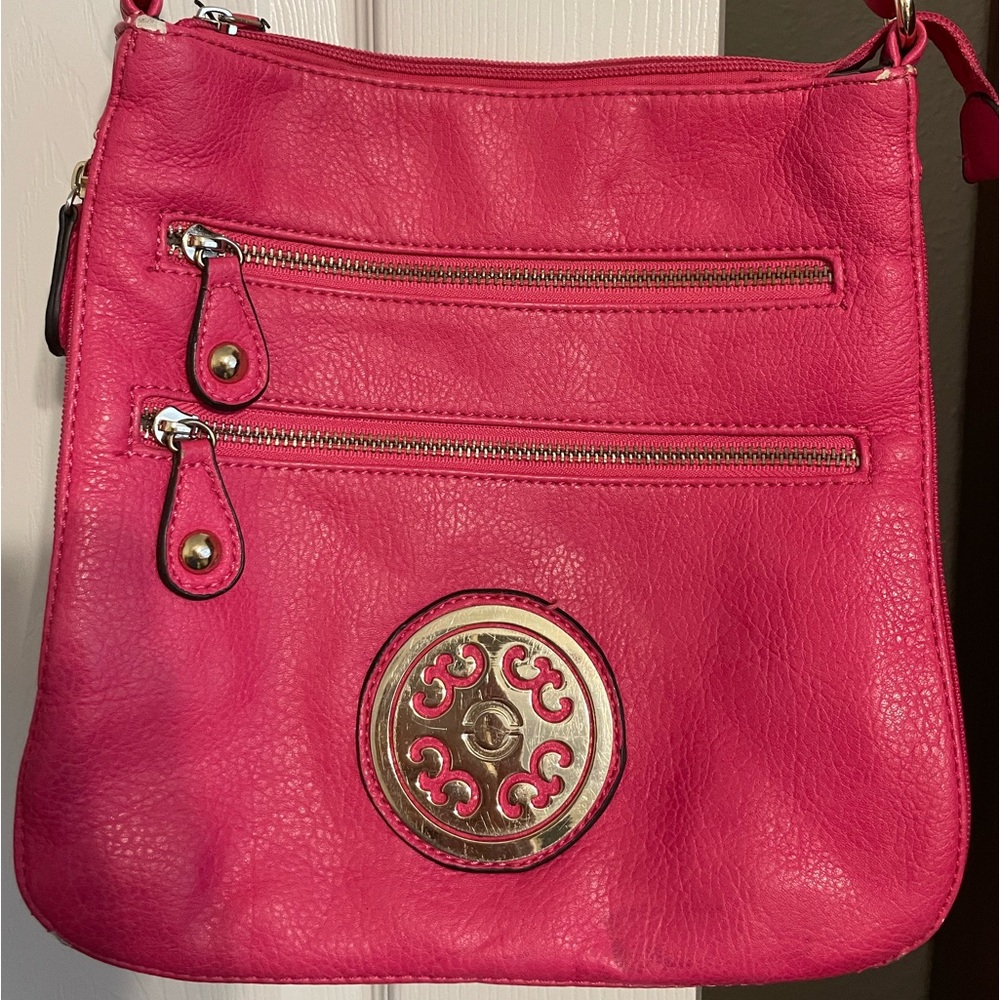 Bright Pink Crossbody Purse with Gold Accents.